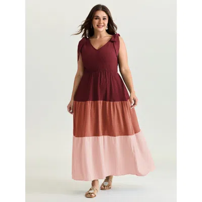 Bloomchic Colorblock Shoulder-tie Tiered Maxi Dress In Burgundy
