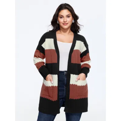 Bloomchic Color‑block Stripe Pocket Open Front Cardigan In Black