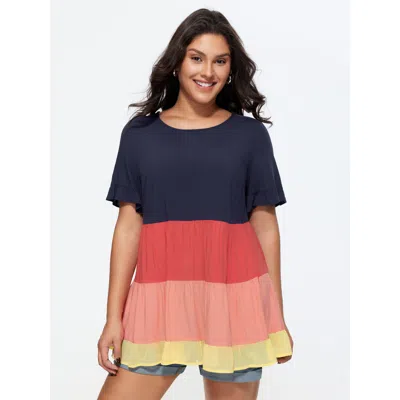 Bloomchic Colorblock Tiered Round Neck Top In Indigo