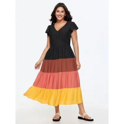 Bloomchic Colorblock Tiered Ruffled Sleeve Maxi Dress In Black
