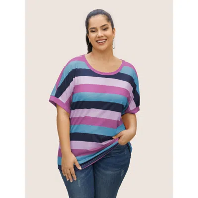 Bloomchic Colored Striped Crew Neck Batwing Sleeve T-shirt In Purple