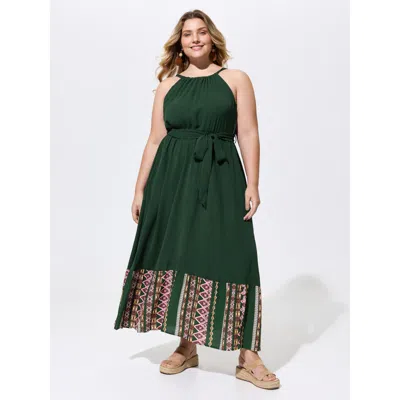 Bloomchic Colorful Boho Striped Hem Halter Neck Maxi Dress In Green