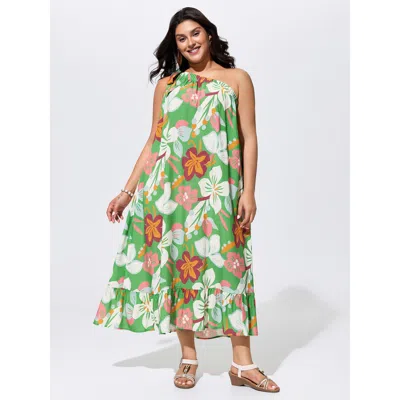 Bloomchic Colorful Floral Print One-shoulder Tie Maxi Dress In Green