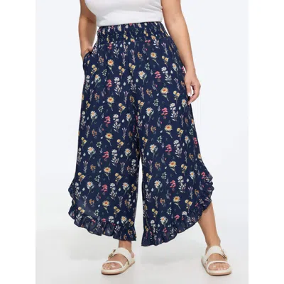 Bloomchic Colorful Floral Print Shirred Waist Ruffled Pants In Blue