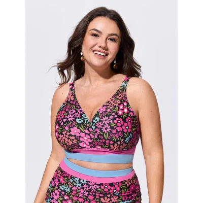 Bloomchic Colorful Floral Print Surplice Neckline Swim Top In Multi