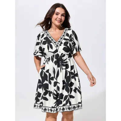 Bloomchic Colorful Floral Print V-neck Mini Dress In Black