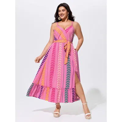 Bloomchic Colorful Geometric Print Open Back Maxi Dress In Pink