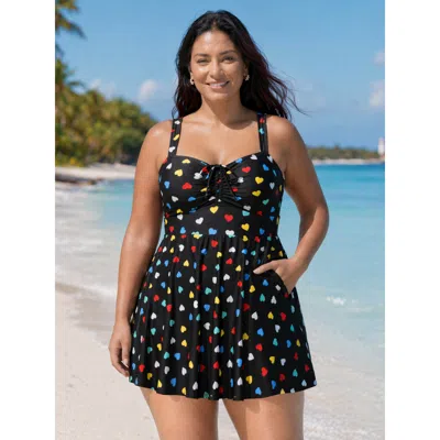 Bloomchic Colorful Heart Print Pockets Swim Dress In Black