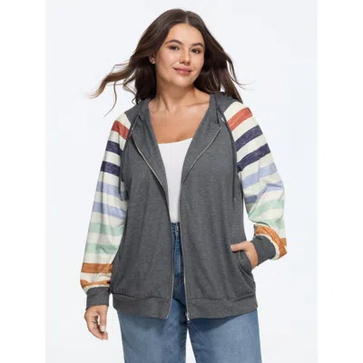 Bloomchic Colorful Stripe Raglan Sleeve Drawstring Zipper Hoodie In Gray
