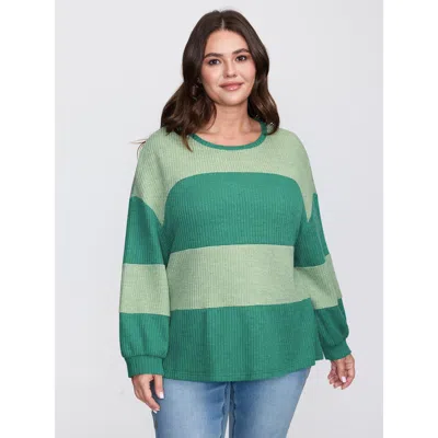 Bloomchic Colorful Stripe Ribbed Drop Shoulder Sweatshirt In Green