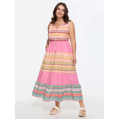Bloomchic Colorful Striped Print Drawstring Neckline Maxi Dress In Multi