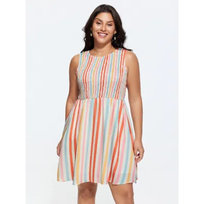 Bloomchic Colorful Striped Print Shirred Mini Dress In Multi