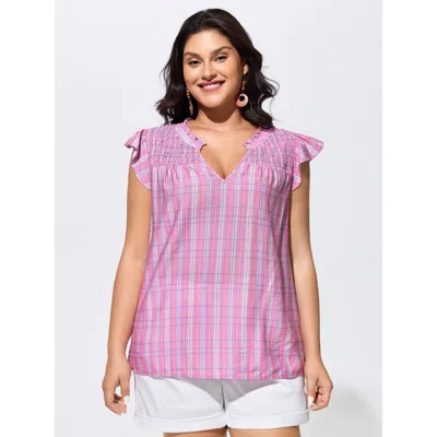 Bloomchic Colorful Striped Print Shirred Neckline Top In Pink