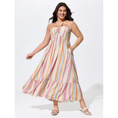 Bloomchic Colorful Striped Print Shirred Pockets Maxi Dress In Multi