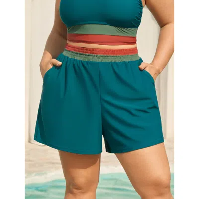 Bloomchic Colorful Waistband Pockets Swim Bottoms In Blue