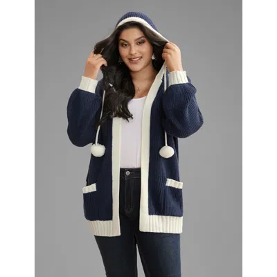 Bloomchic Contrast Hood Hemline Pockets Open Cardigan In Blue