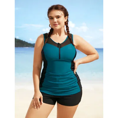 Bloomchic Contrast Patchwork Gathered Half Zip Swim Top In Blue
