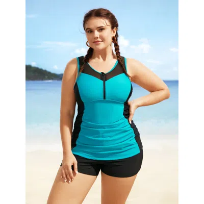 Bloomchic Contrast Patchwork Gathered Half Zip Swim Top In White