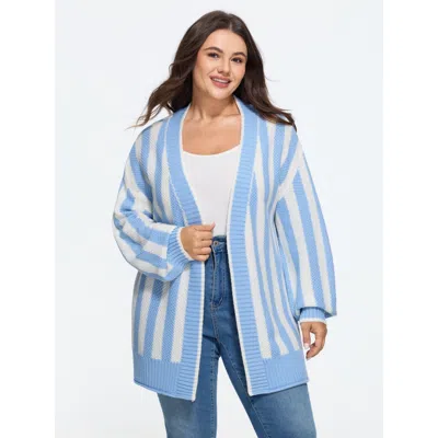 Bloomchic Contrast Striped Open Front Cardigan In Blue
