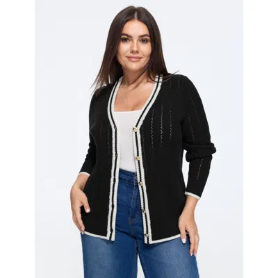Bloomchic Contrast Trim V Neck Button Front Cardigan In Black