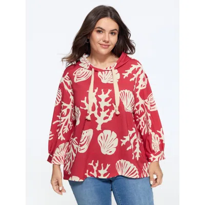Bloomchic Coral Shell Print Drawstring Hooded Sweatshirt In Brightred