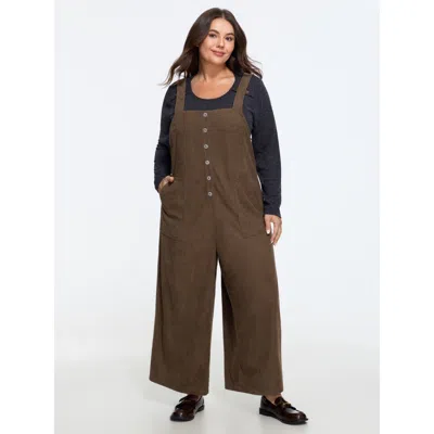 Bloomchic Corduroy Pocket Button Front Wide Leg Overalls Jumpsuit In Brown
