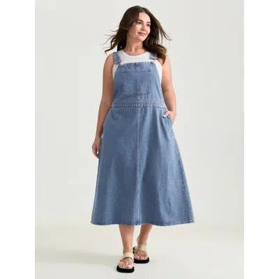 Bloomchic Cotton Adjustable Back Slit Overall Midi Denim Dress In Blue