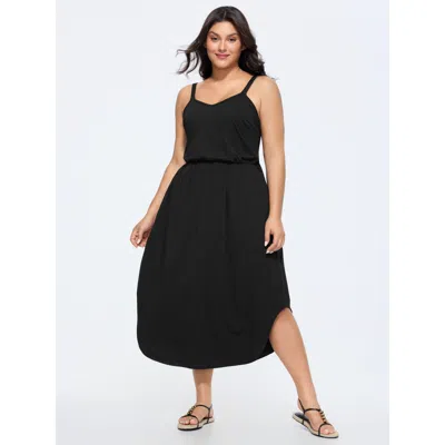 Bloomchic Cotton Adjustable Shoulder Straps Midi Dress In Black