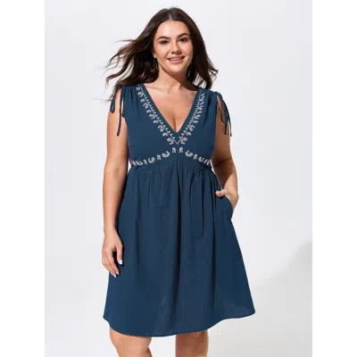 Bloomchic Cotton Boho Embroidered Shoulder Tie Mini Dress In Blue