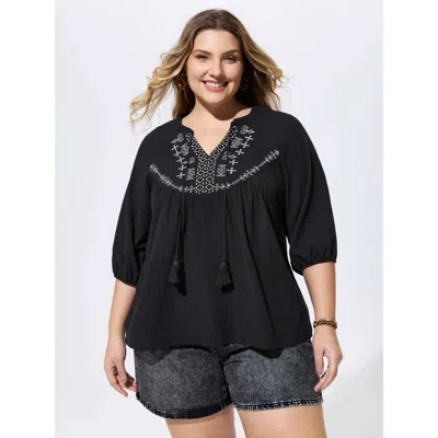 Bloomchic Cotton Boho Embroidered Tassel Blouse In Black