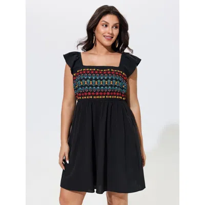 Bloomchic Cotton Boho Embroidery Ruffle Strap Mini Dress In Black