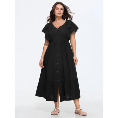 Bloomchic Cotton Button-front Split Hem Midi Dress In Black
