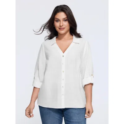 Bloomchic Cotton Collared V‑neck Tab Sleeve Shirt In Originalwhite