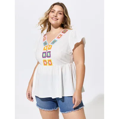 Bloomchic Cotton Colorful Floral Crochet Fit And Flare Blouse In Blue