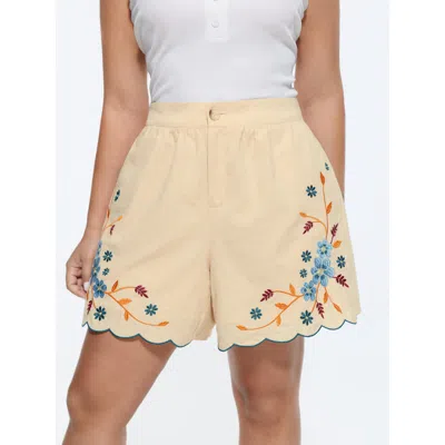 Bloomchic Cotton Colorful Floral Embroidered Pockets Shorts In Nude