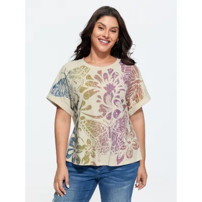 Bloomchic Cotton Colorful Floral Print Flared Sleeve T-shirt In Black