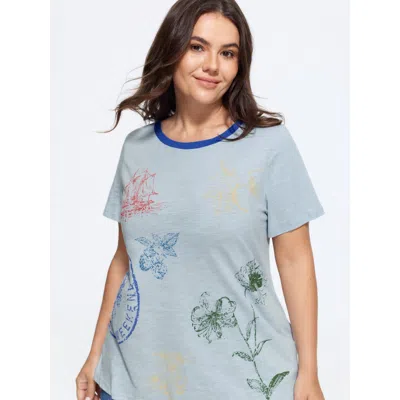 Bloomchic Cotton Crew Neck Plant Print Loose T-shirt In Lightblue