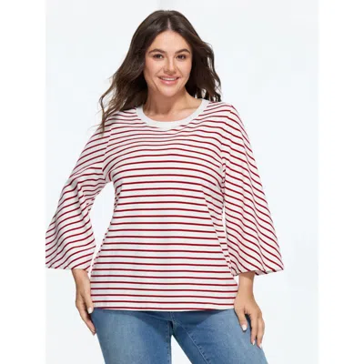 Bloomchic Cotton Crew Neck Striped Flare Sleeve Loose Fit Sweatshirt In Gray