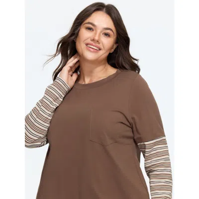 Bloomchic Cotton Crew Neck Striped Splice Sleeves T-shirt In Brown