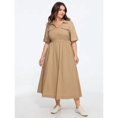 Bloomchic Cotton Cuffed Short Sleeve Midi Dress In Brown
