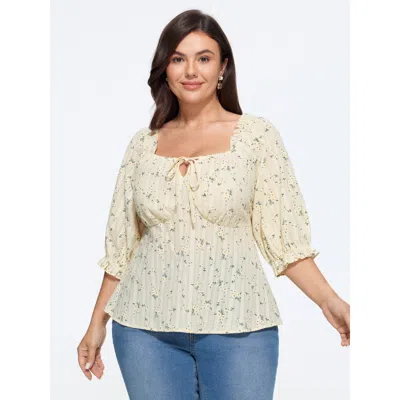 Bloomchic Cotton Ditsy Floral Print Square Neck Tie Front Blouse In Beige