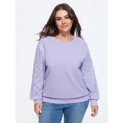 Bloomchic Cotton Embroidered Patch Lantern Sleeve Crew Neck Sweatshirt In Purple