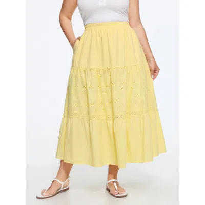 Bloomchic Cotton Eyelet Patchwork Tiered Midi Skirt In Yellow