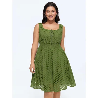 Bloomchic Cotton Eyelet Textured Stretchy Waist Mini Dress In Green