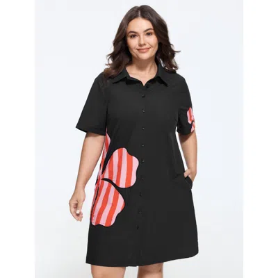 Bloomchic Cotton Floral Applique Short Sleeve Mini Dress In Black