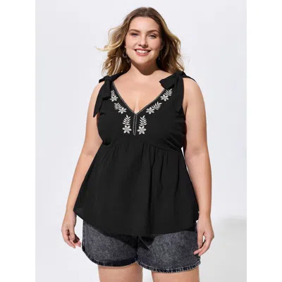 Bloomchic Cotton Floral Embroidered Neckline Shoulder-tie Tank Top In Black
