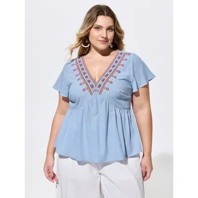 Bloomchic Cotton Floral Embroidered V-neck Blouse In Brown