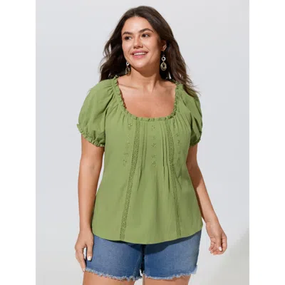 Bloomchic Cotton Floral Embroidery Eyelet Lace Trim Blouse In Moss
