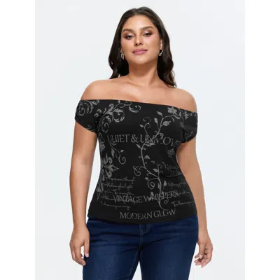 Bloomchic Cotton Floral Print Off-shoulder T-shirt In Black