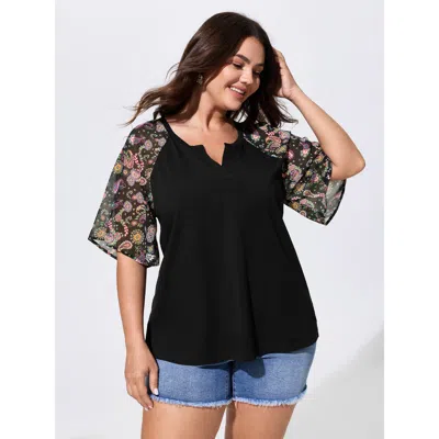 Bloomchic Cotton Floral Print Raglan Sleeve Knit Top In Black